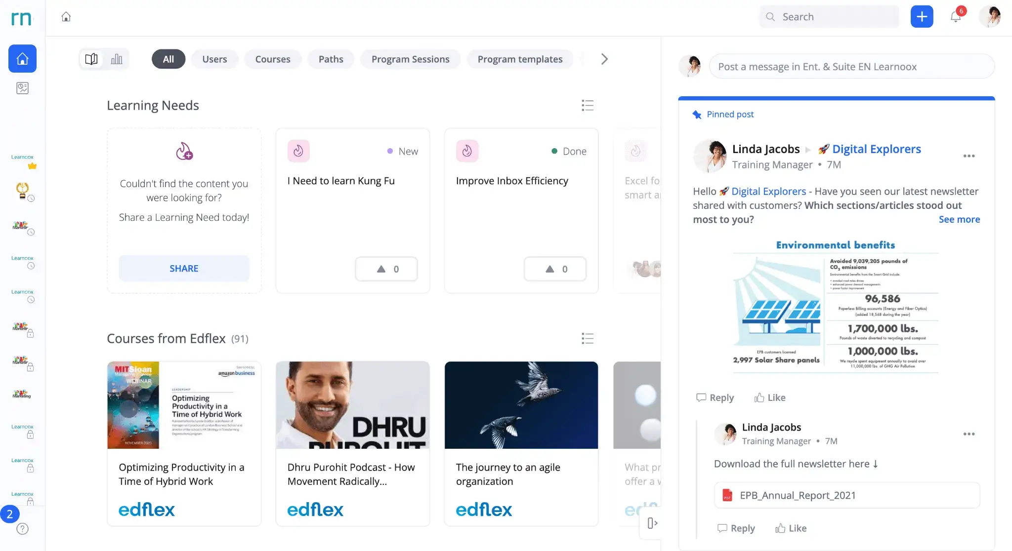 360Learning dashboard with learning needs, course options, and conversations