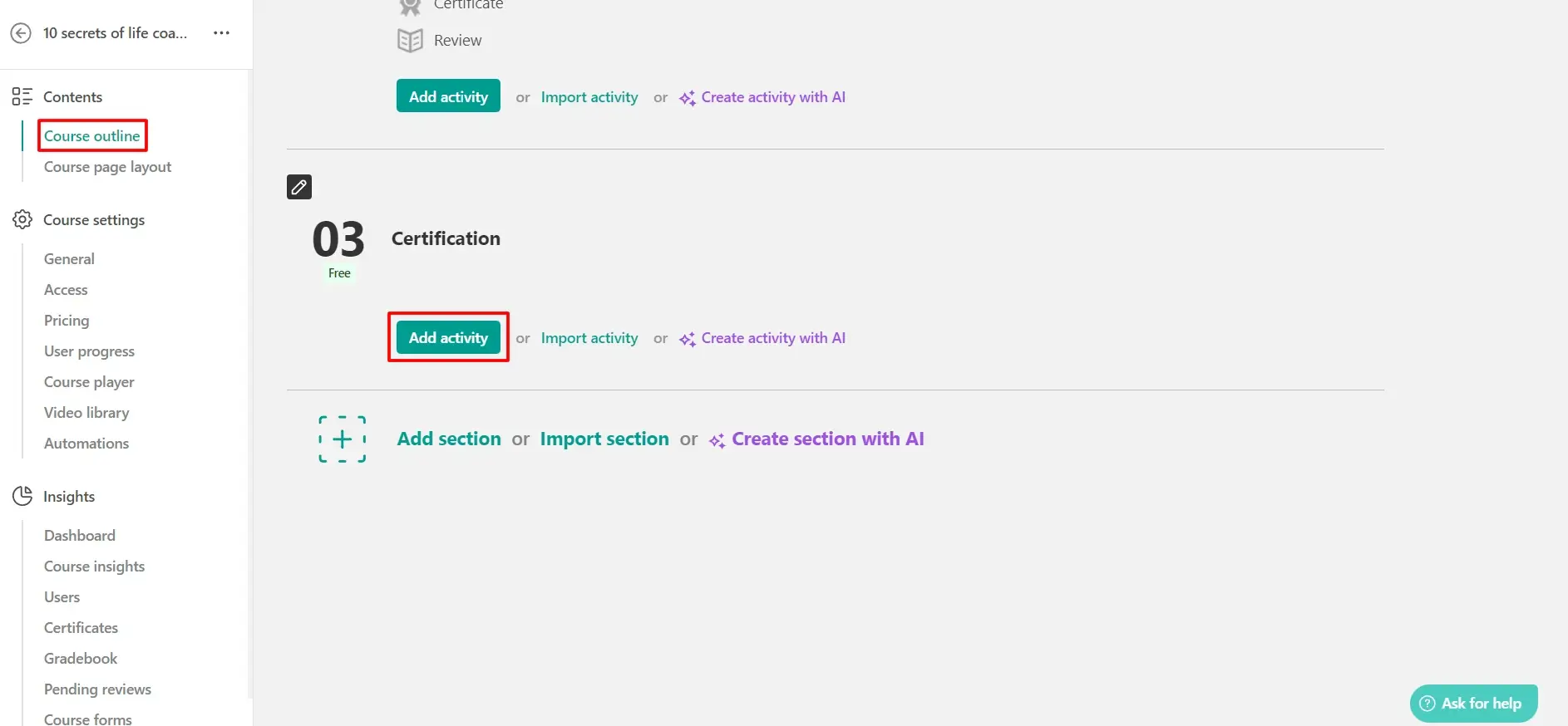 The LearnWorlds interface showing the option to add a certificate activity to a course