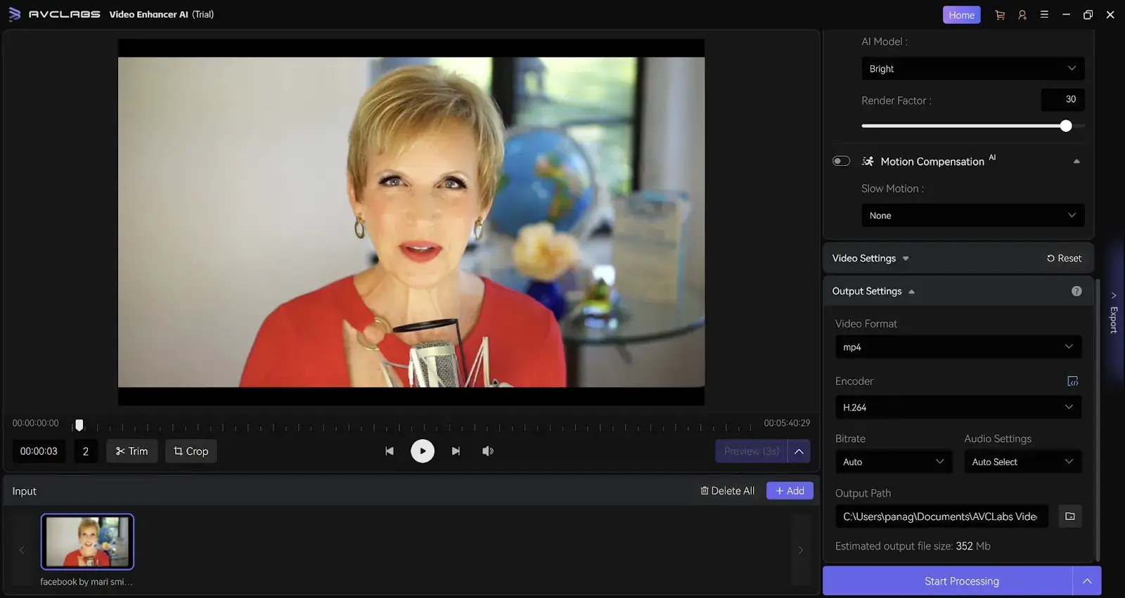 AVCLabs Video Enhancer AI interface showing video preview, enhancement settings, and export options for video processing.