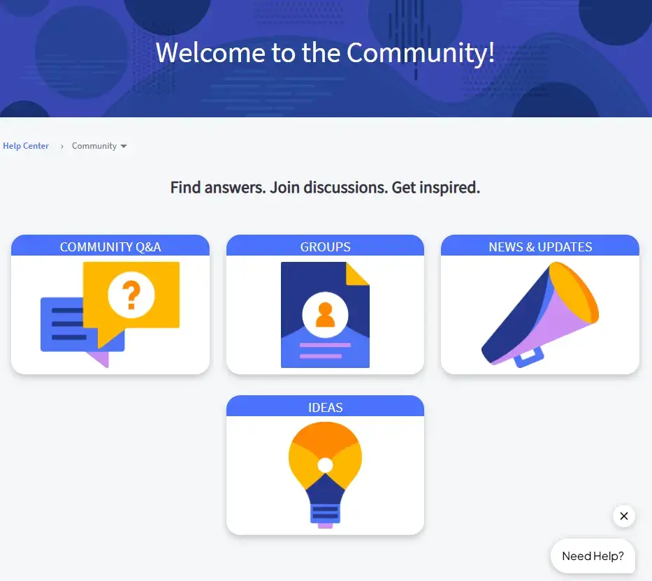 BigCommerce Forum's community page with category buttons for community Q&A, groups, ideas, and news & updates.