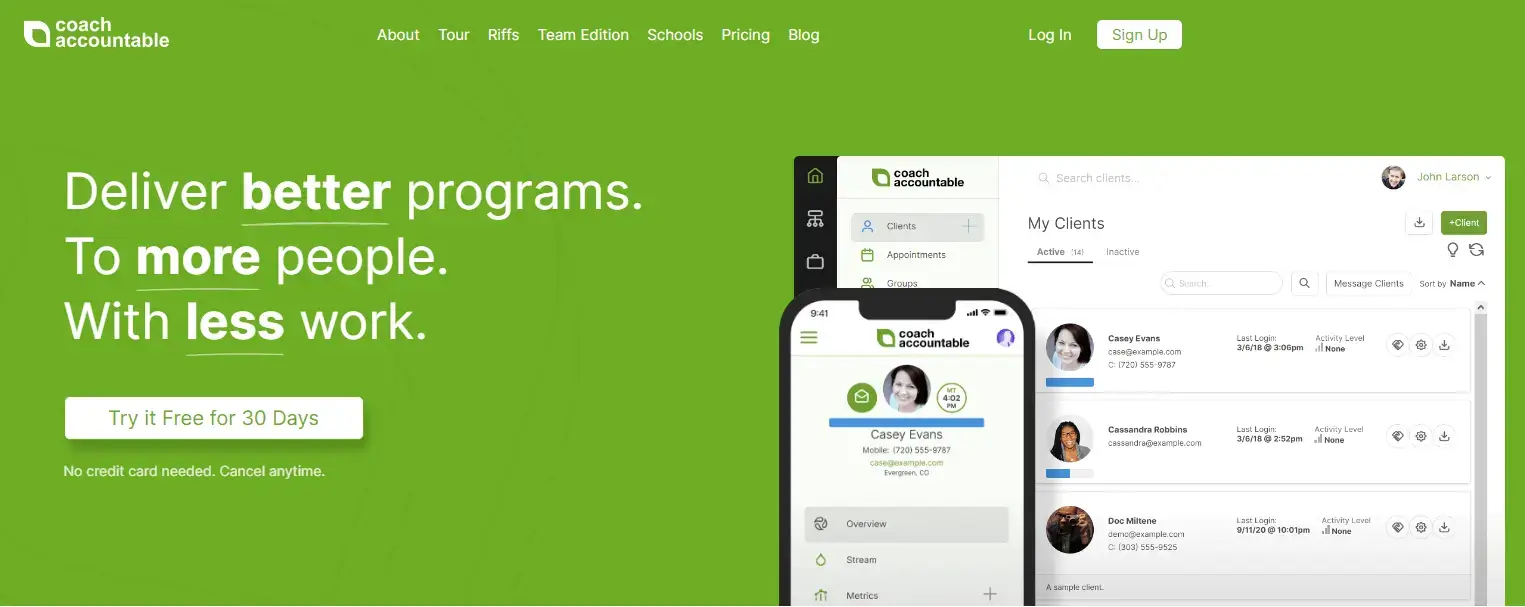 A screenshot showing parts of Coach Accountable's home page.