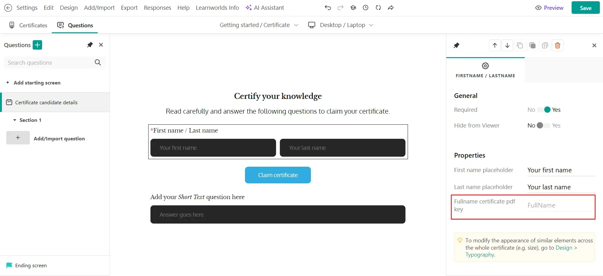 The LearnWorlds interface showing how to customize the text on a course certificate