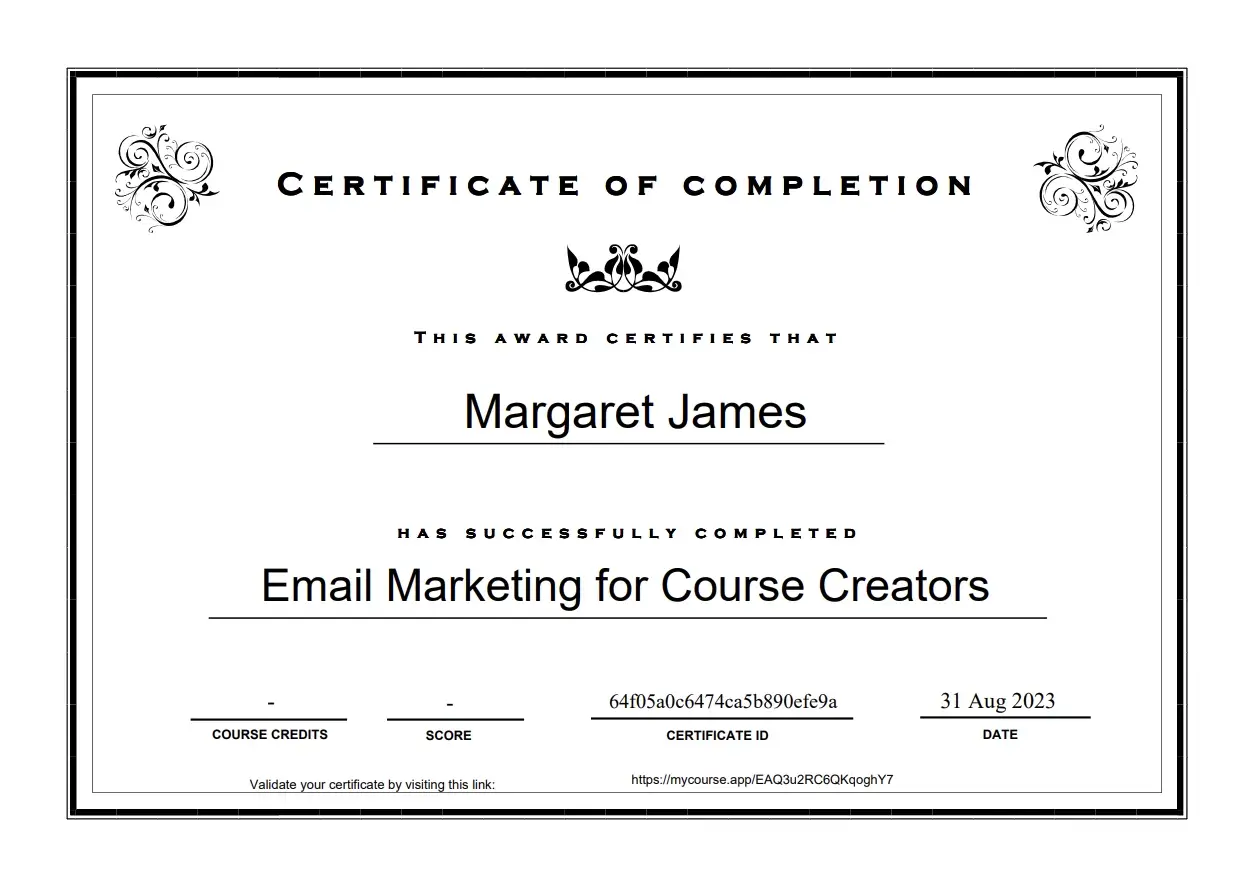 The default certificate template in LearnWorlds with placeholder text
