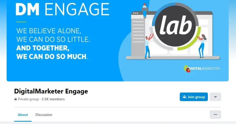 DigitalMarketer Engage's Facebook group homepage showing the number of members and the slogan.