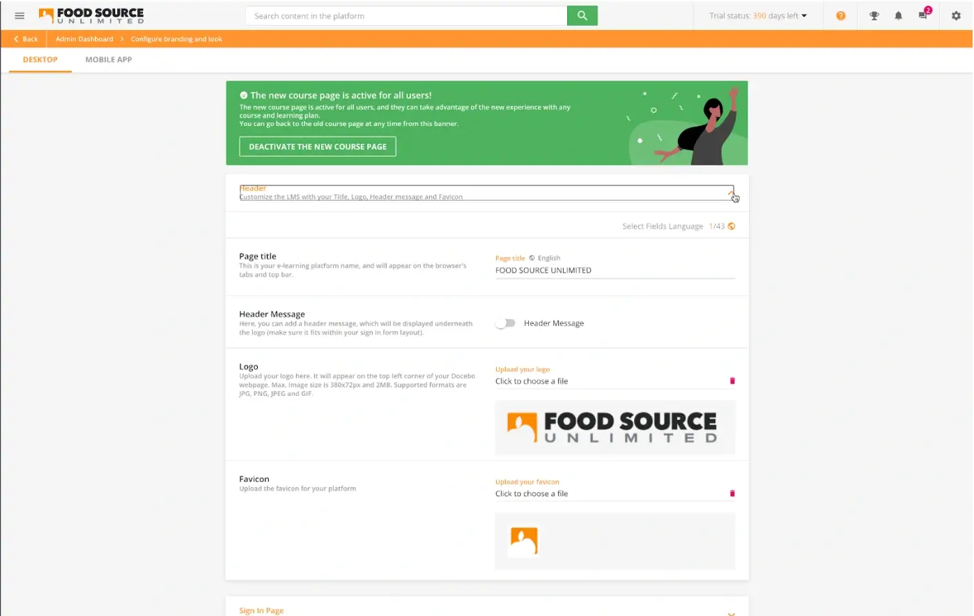 Customizing learner spaces with personalized branding in Docebo
