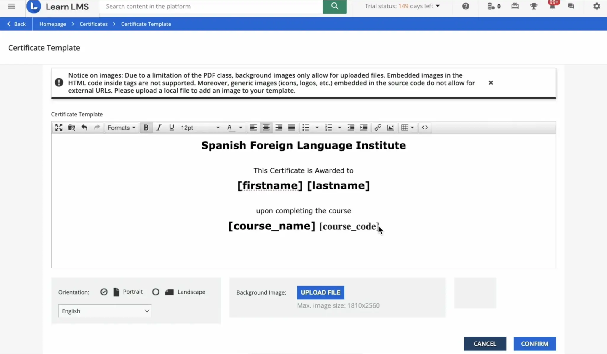 Docebo’s built-in certificate editor with options to edit and customize a certificate template