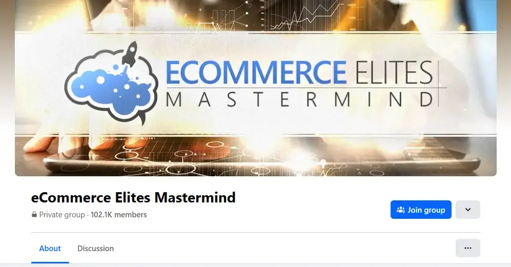 A screenshot of Ecommerce Elites Mastermind Facebook group showing their logo of a brain and a rocket.