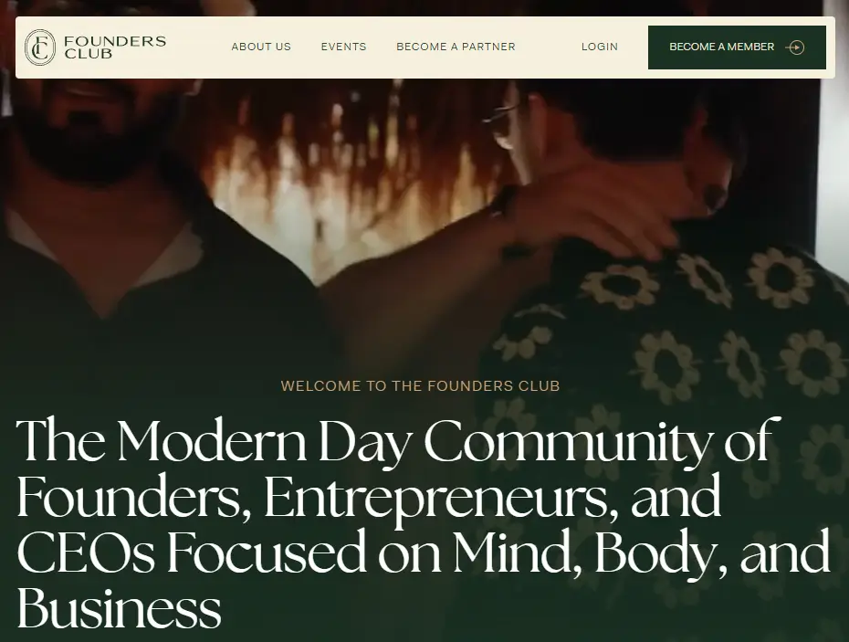 Homepage for The Founder's Club with their about slogan and an image of people at a networking event.