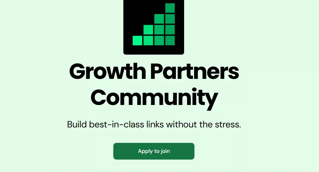 The landing page for Growth Partner's Community with a green 'apply to join' button.