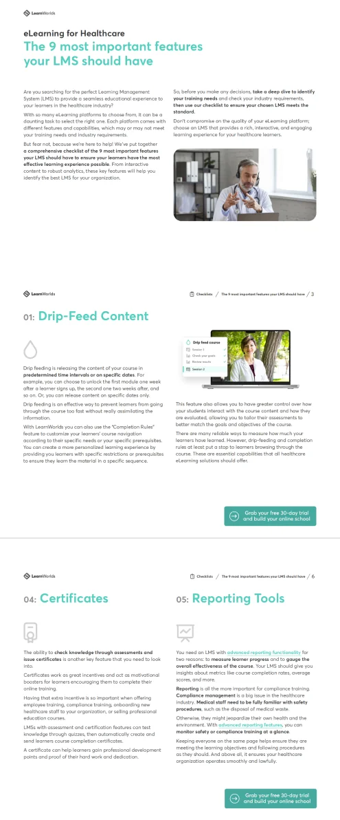 Healthcare eLearning for LMS checklist. Sample pages.