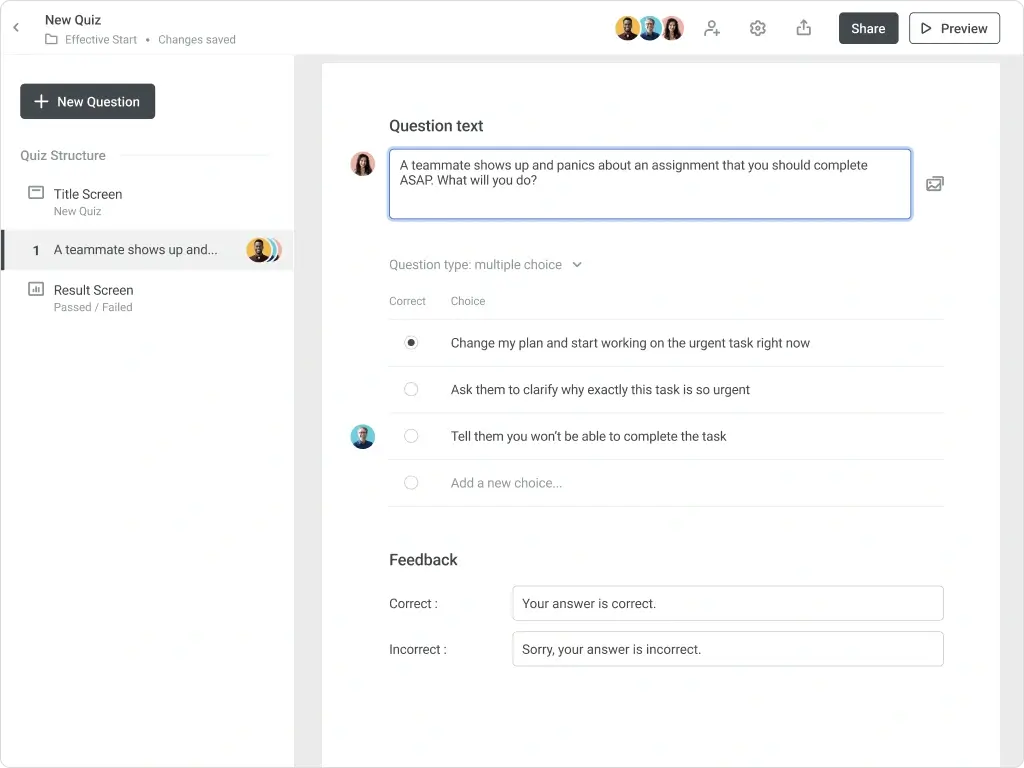 iSpring Learn view for creating a question with answer choices and feedback options