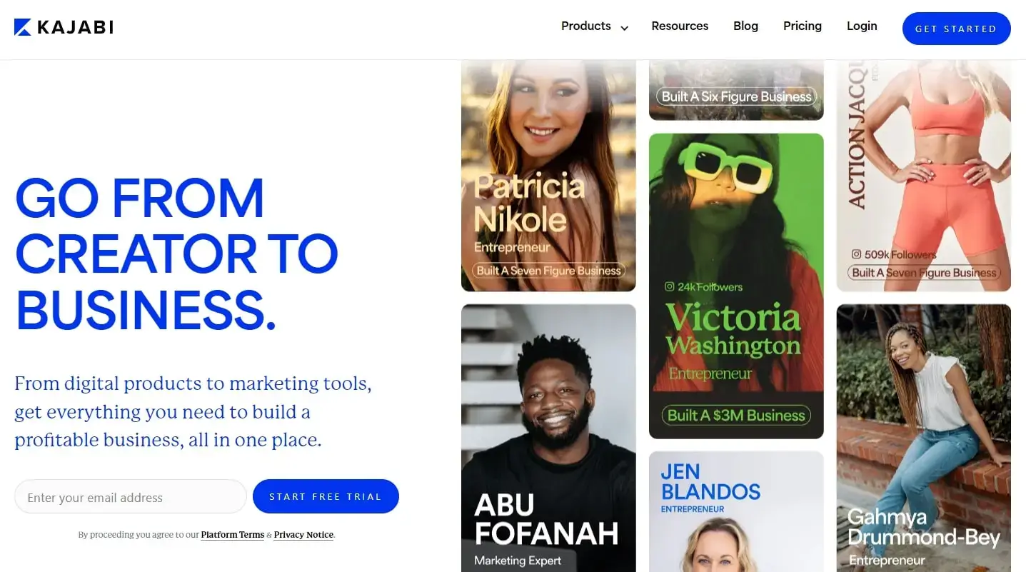 A screenshot showing part of Kajabi's home page.