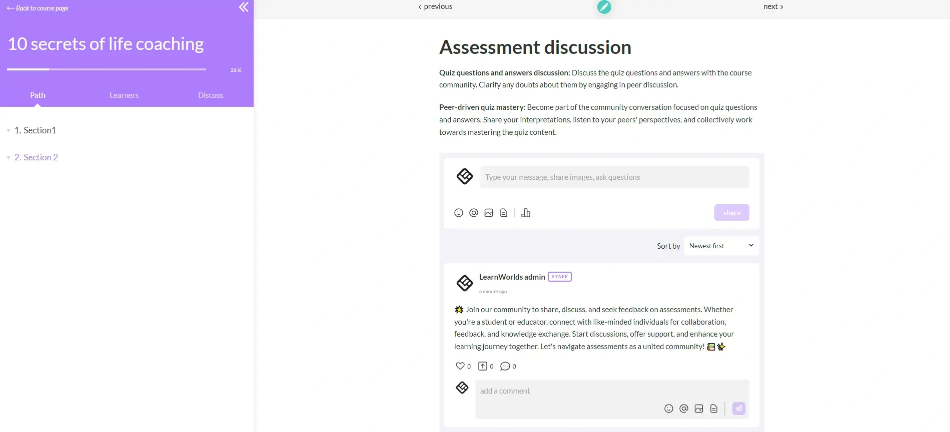 LearnWorlds assessment discussion as one of the leading social learning features within the platform