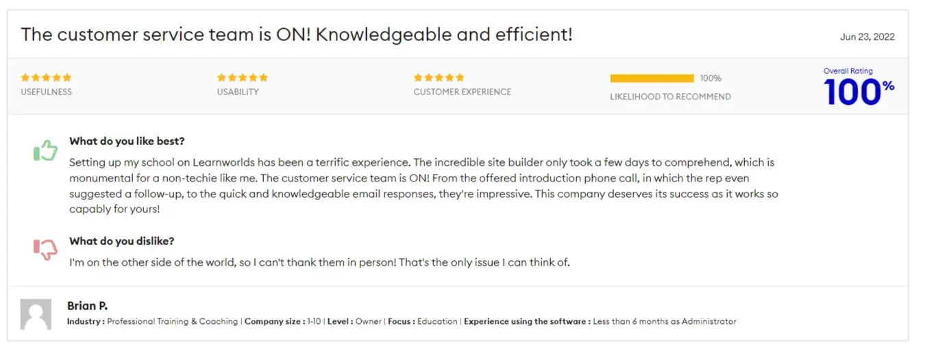 Learnworlds review by Brian P. on Elearning Industry.