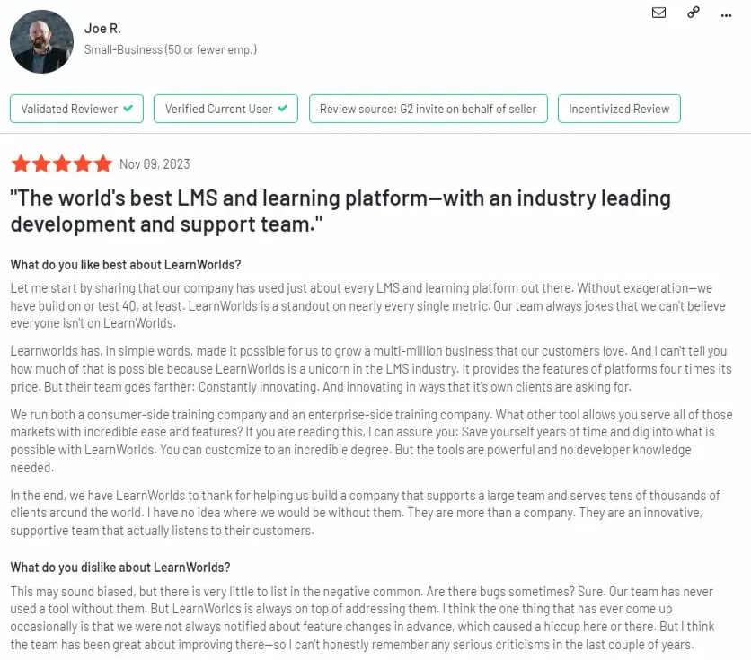 LearnWorlds review by Joe R. on G2.