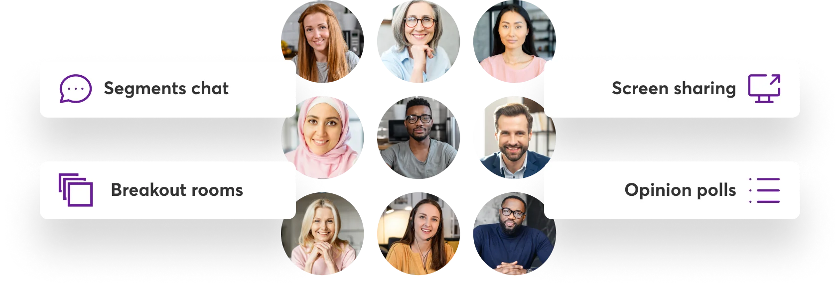 Features for live engagement inside online courses like the Breakout rooms, segments chat, screen sharing, and opinion polls!