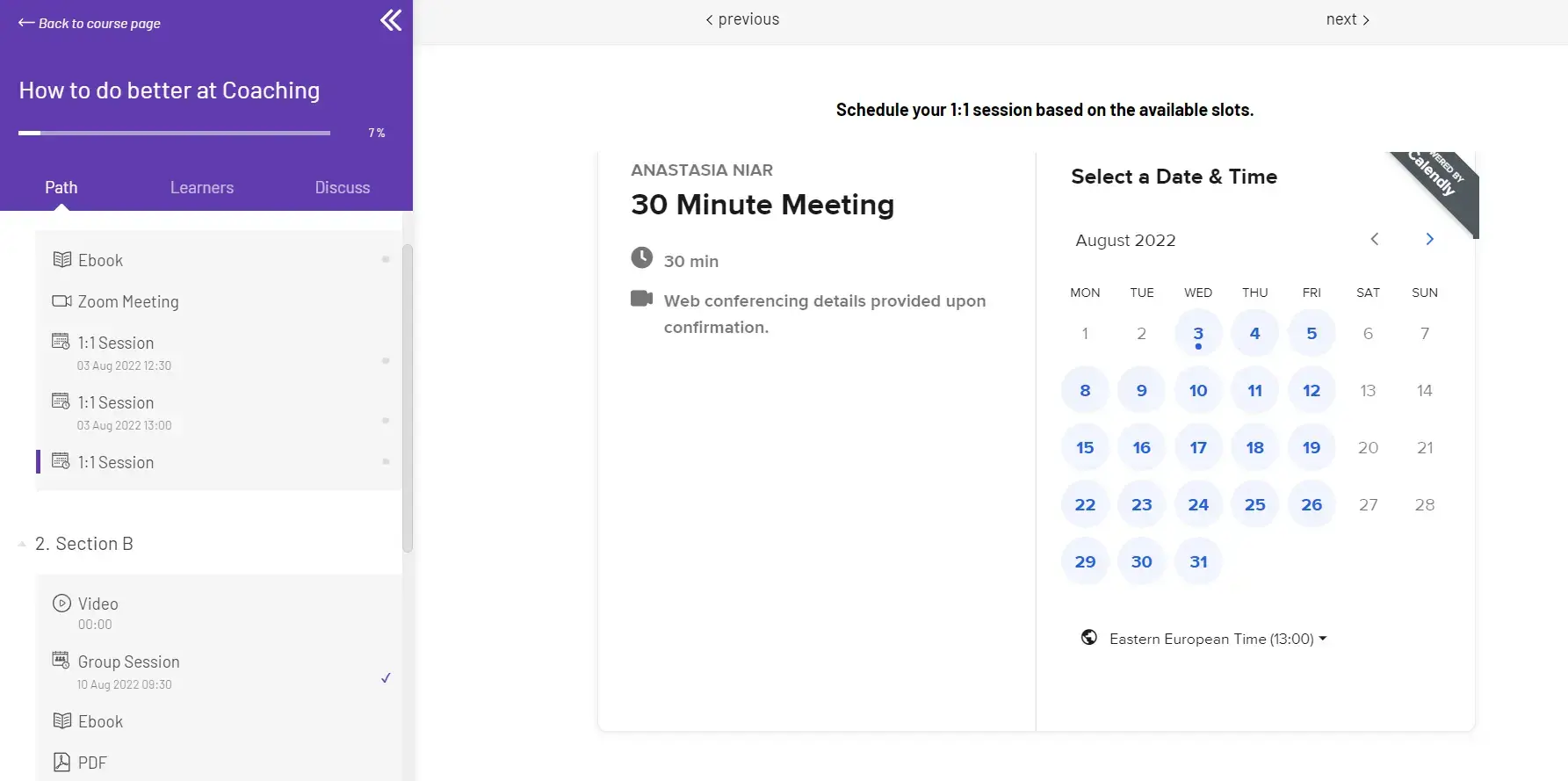 A screenshot showing an example of LearnWorlds' courses featuring the session scheduling tool inside the dashboard.