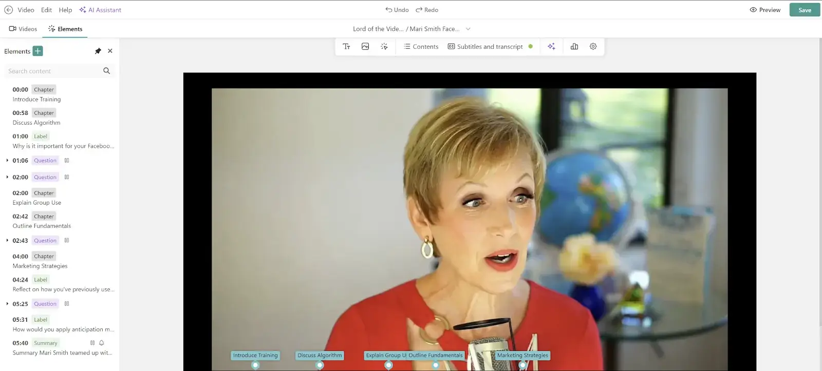 LearnWorlds AI-enhanced interactive video editor showing automated chapter markers and AI generated question features.