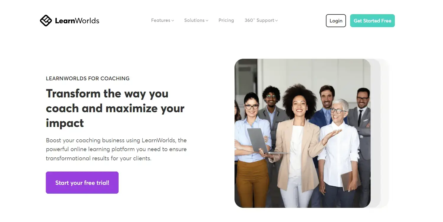 A screenshot showing parts of LearnWorlds' home page.