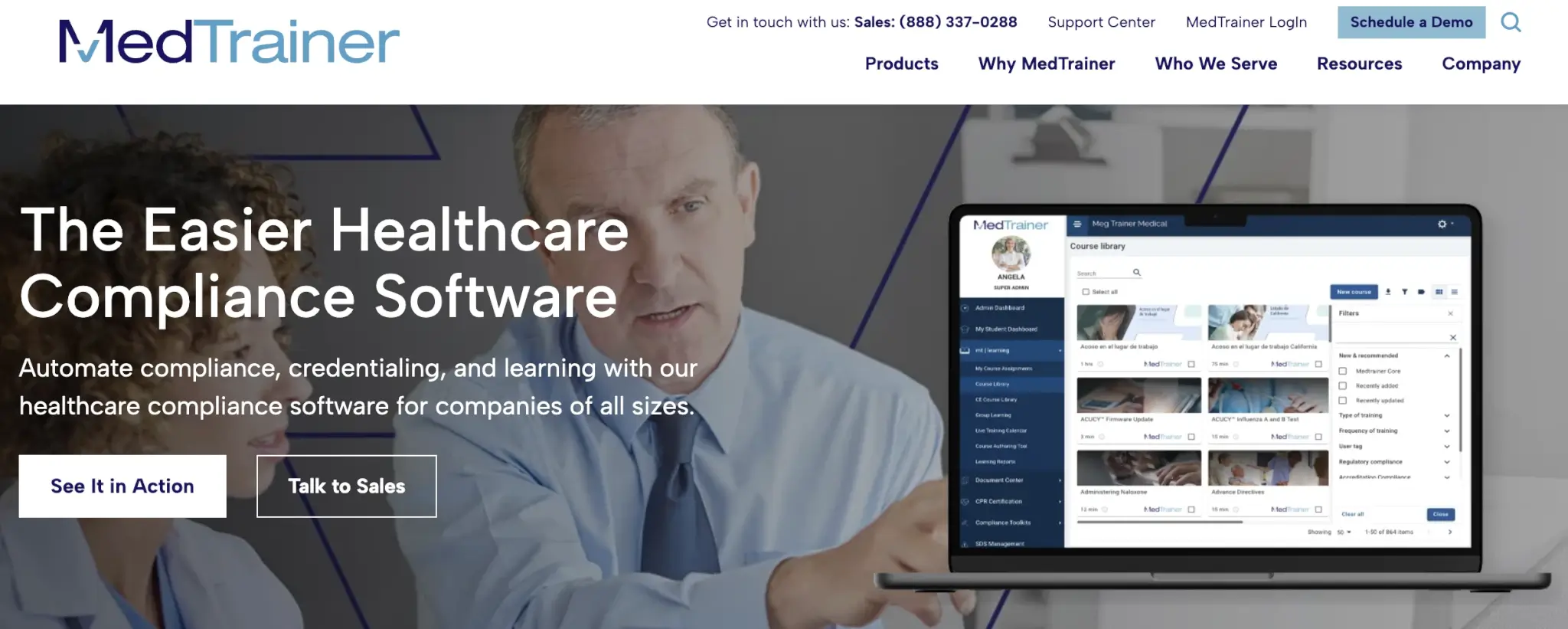 A screenshot showing parts of MedTrainer's landing page.