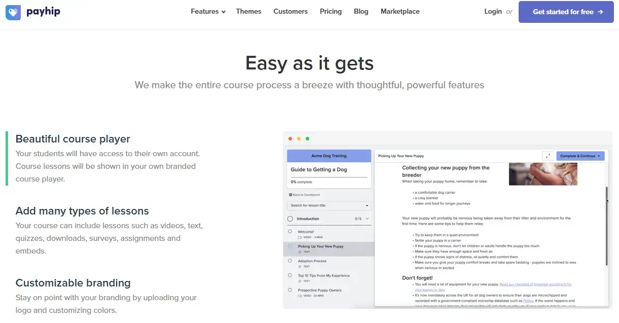 a screenshot of Payhip's course host feature with some listed benefits to the side