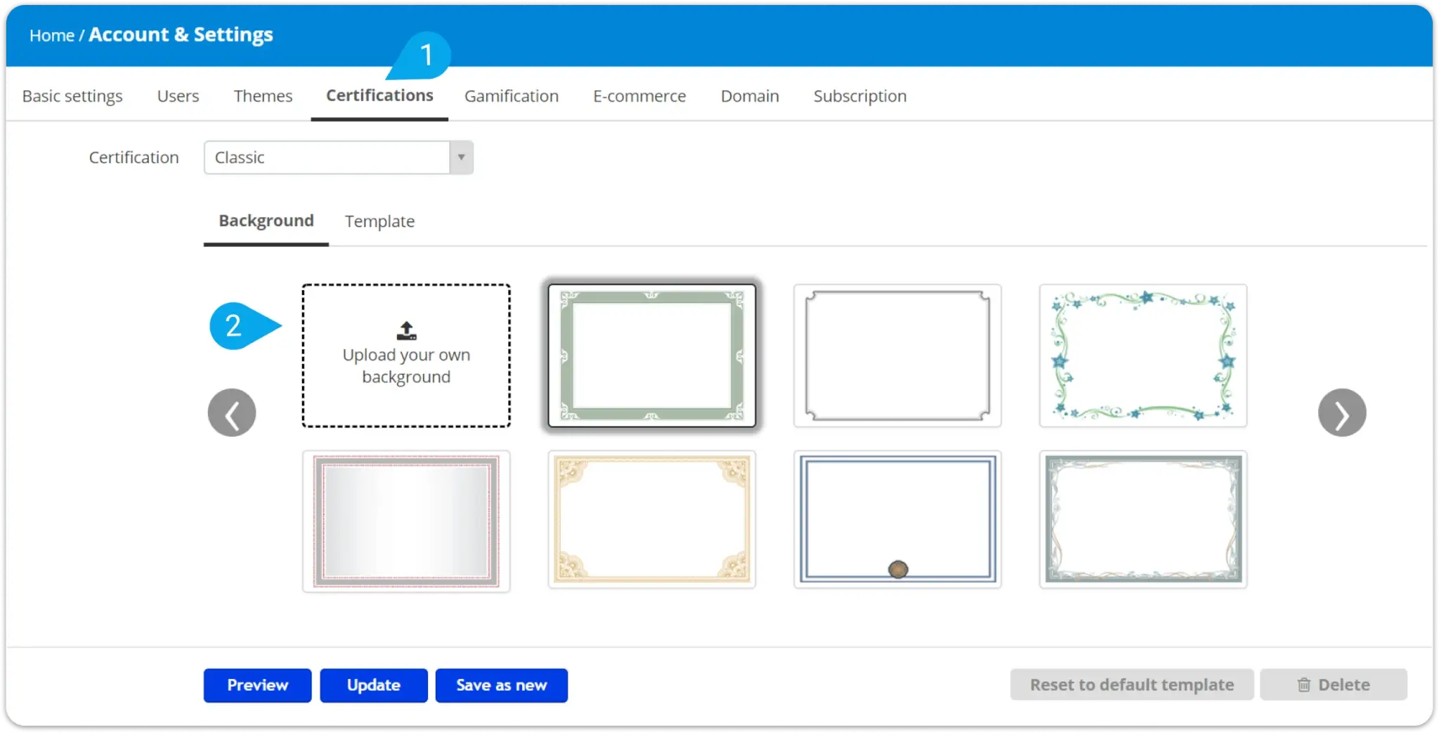 The TalentLMS interface showing different pre-built certificate backgrounds available for course certificates