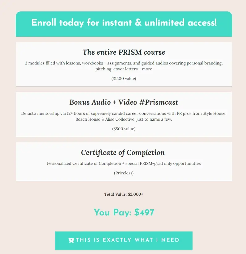CTA copy on a landing page for PRISM course.