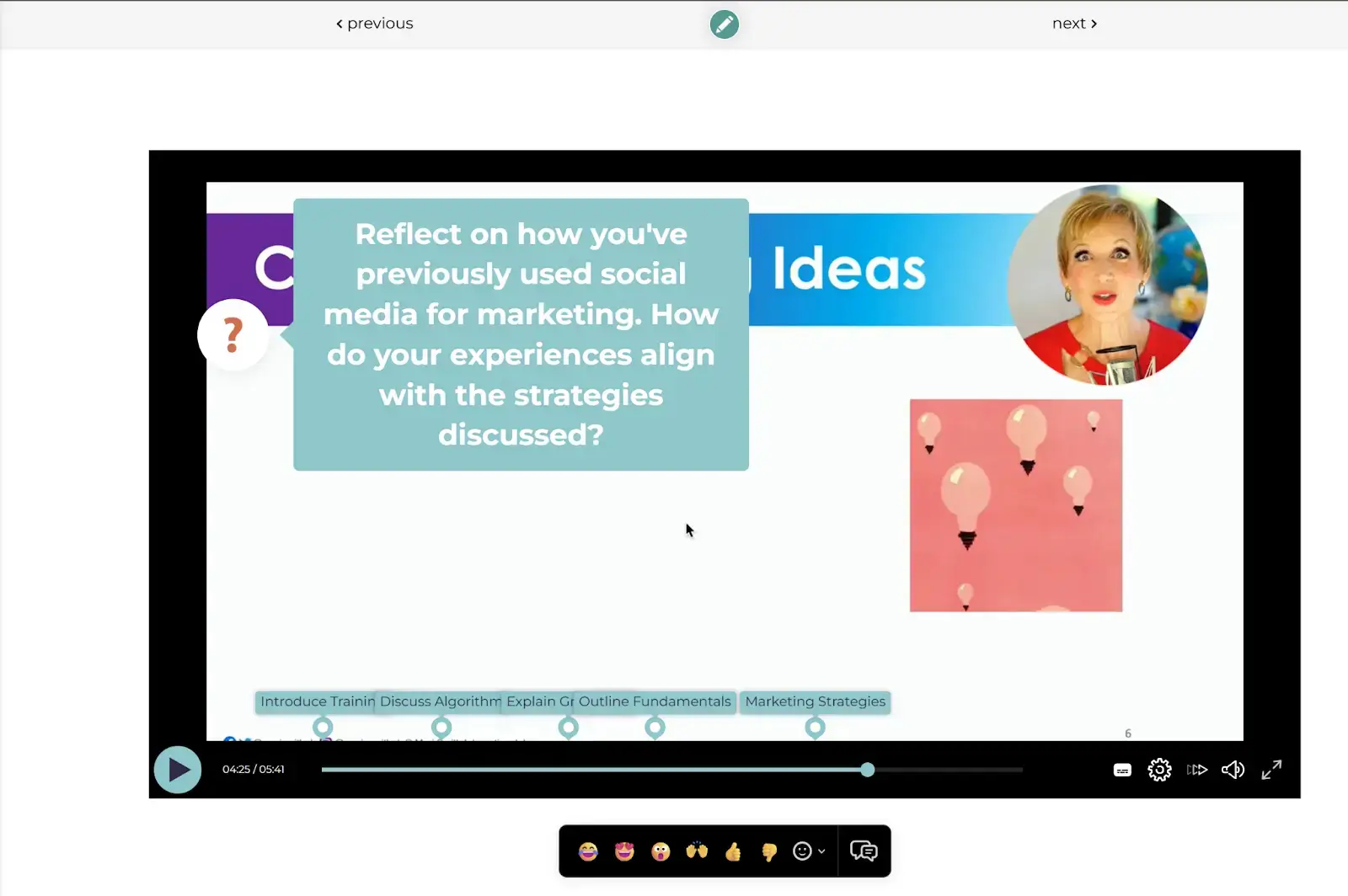 A screenshot of LearnWorlds Interactive Video preview displaying an AI-generated reflection question overlay related to social media marketing.