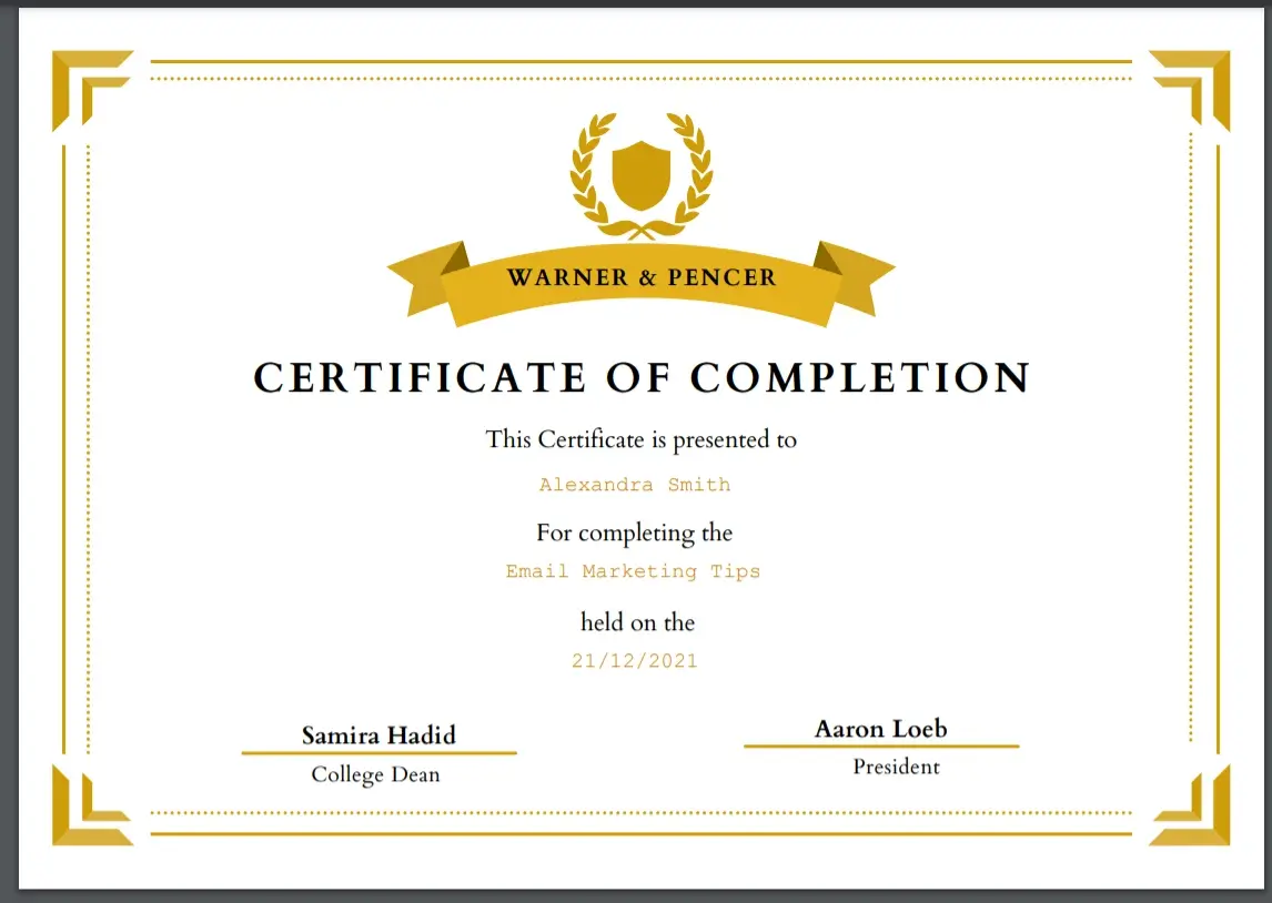 Example of a custom Certificate of Completion with personalized learner details and branding