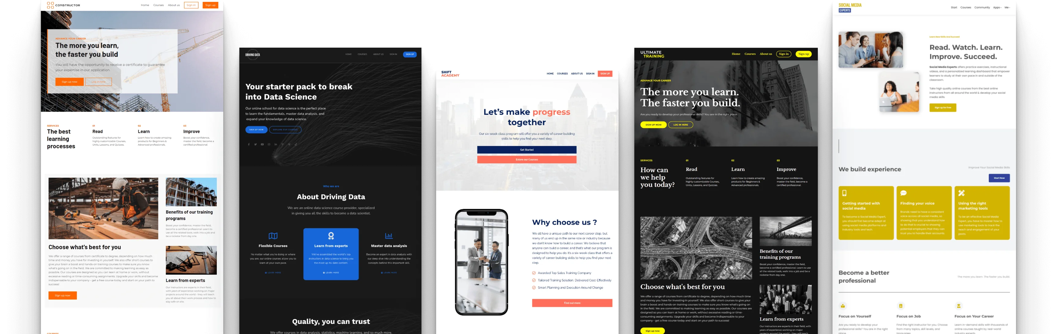Showcasing the customer education website templates of LearnWorlds. Educating your partners and customers through your own website.