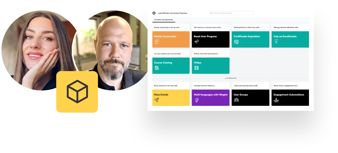 Examples of interactive elements in online courses like quizzes, ebooks, interactive video, and community for creators.