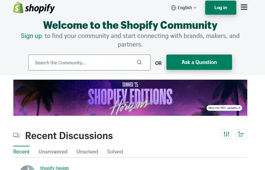 Shopify Community's homepage with open threads and a search bar.