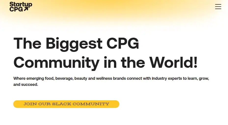 Startup CPG's community landing page with a yellow 'join our Slack community' button.