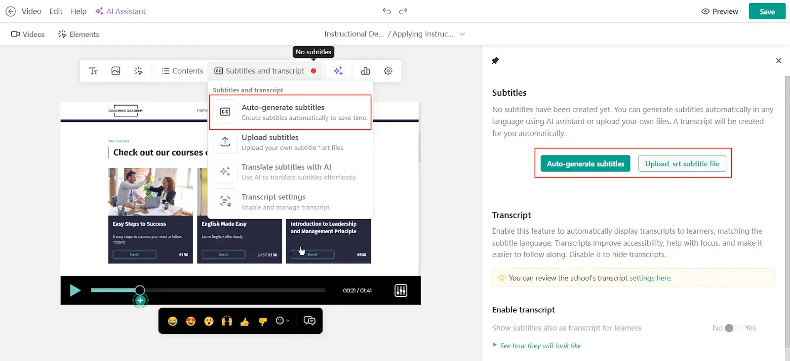 A screenshot of LearnWorlds AI-powered interactive video editor showing options to auto-generate subtitles with AI or upload subtitle files.