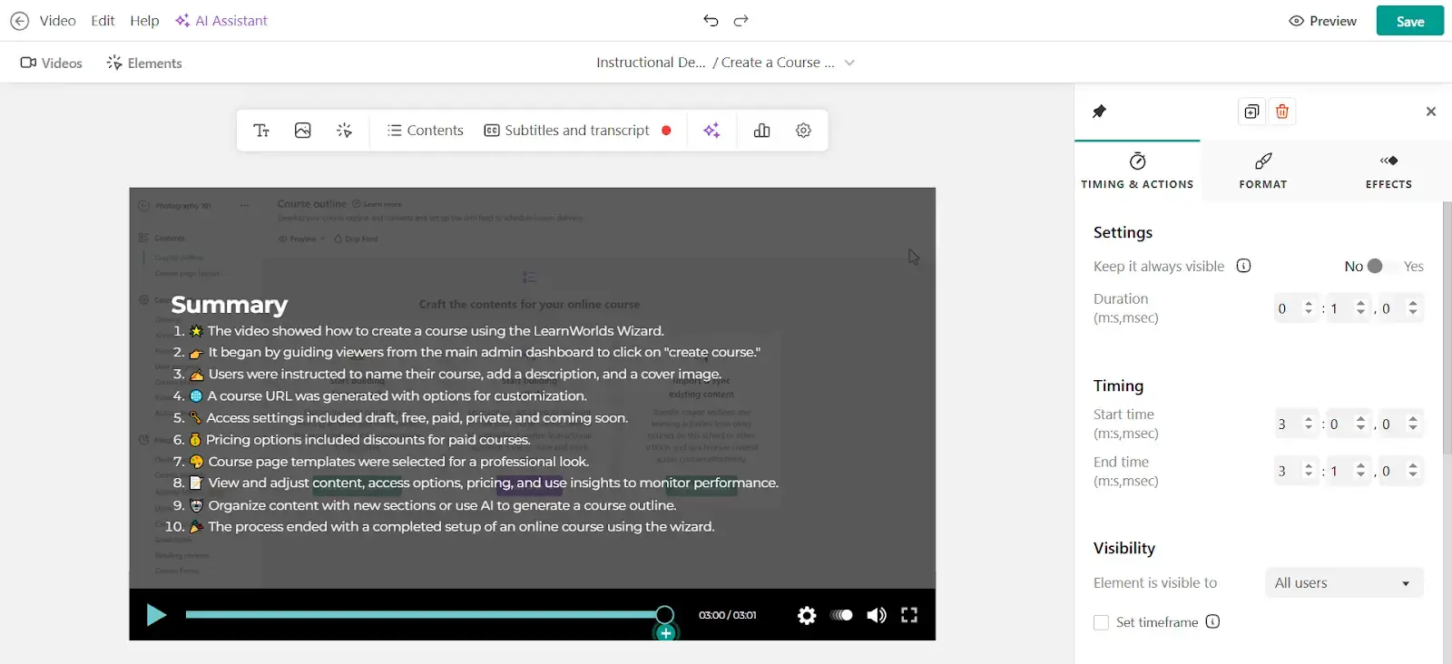  A screenshot of LearnWorlds Interactive Video UI displaying AI-generated summary at the end of an instructional course video.