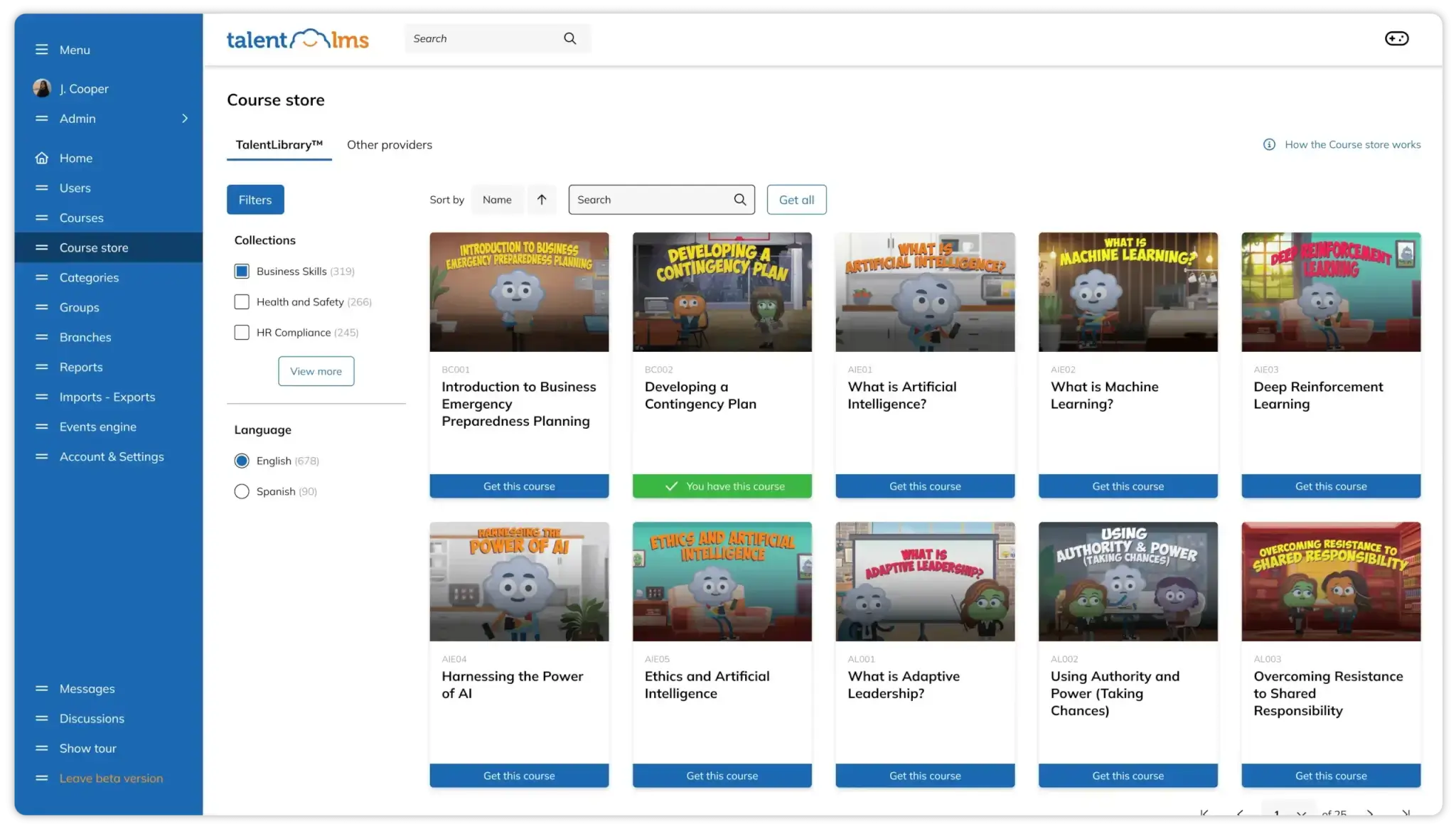 TalentLMS learning overview with quick actions, users, and timeline