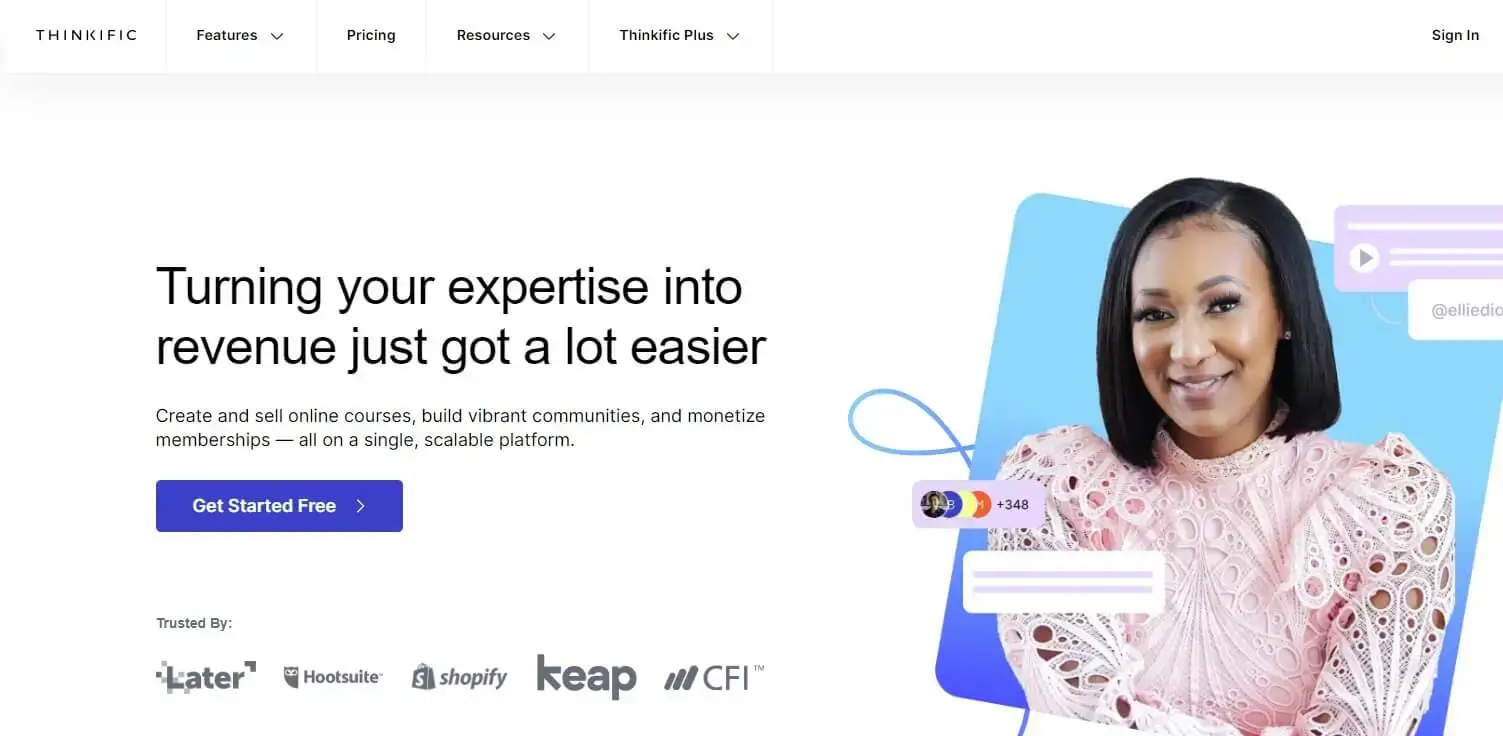A screenshot showing parts of Thinkific's home page.