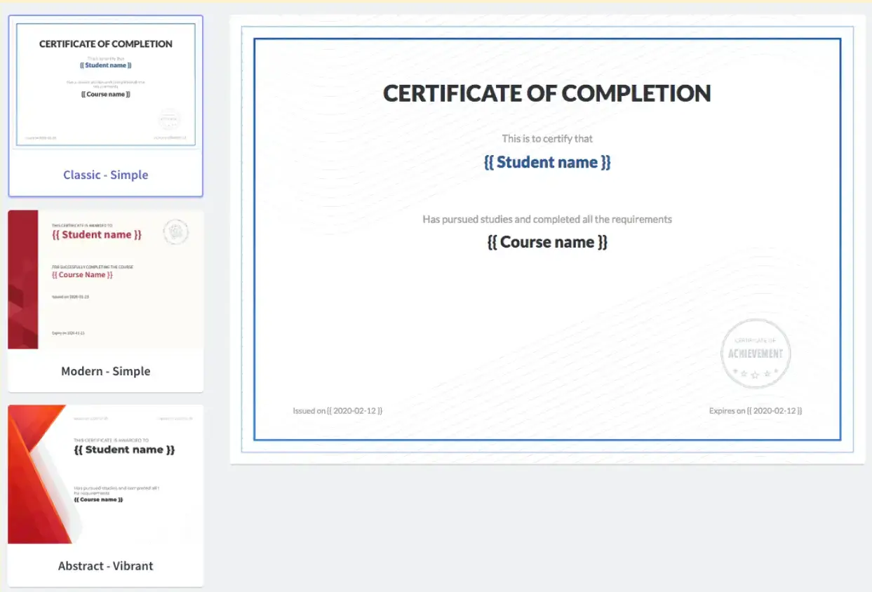Thinkific’s built-in certificate editor used to customize prebuilt certificate templates