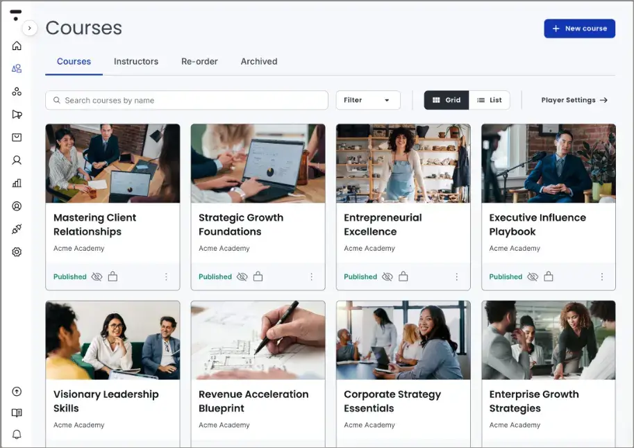 a dashboard showing several Thinkific courses