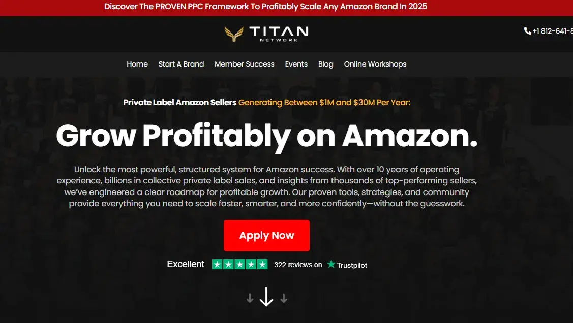 Landing page for Titan Network with their slogan, rating, and an 'apply now' button.