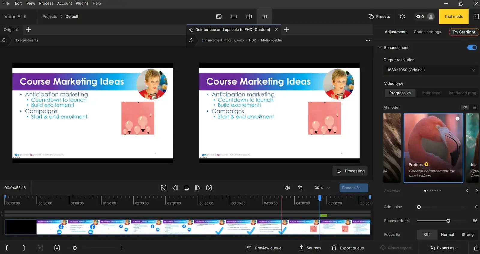 Topaz Video AI interface displaying side-by-side video comparison with resolution enhancement and timeline editing features.