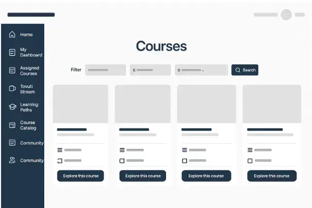 a screenshot of Tovuti LMS's sample user interface with courses for learners and the dashboard menu.