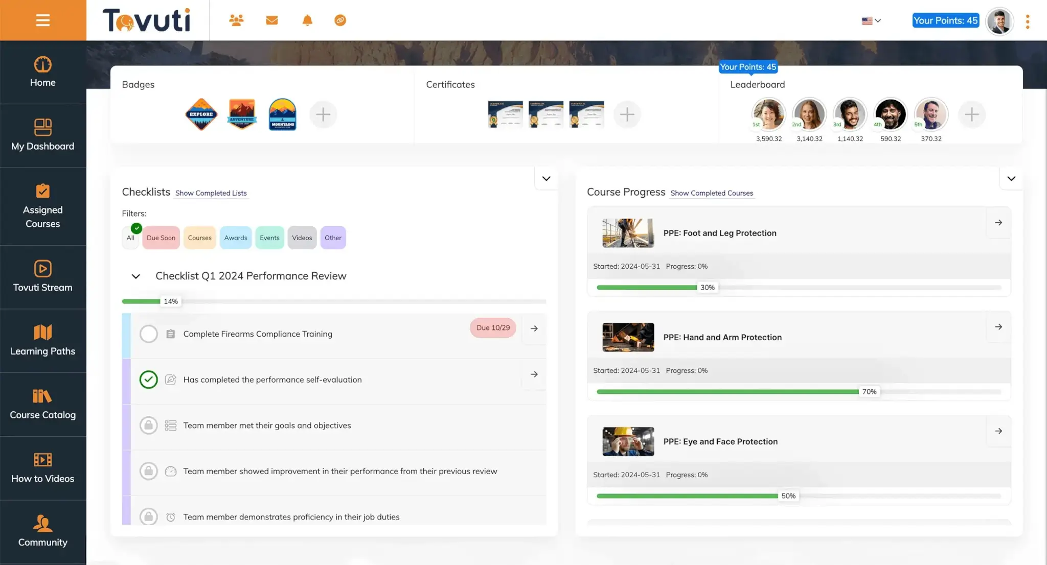 Tovuti LMS dashboard with badges, certificates, checklists, course progress, and a leaderboard