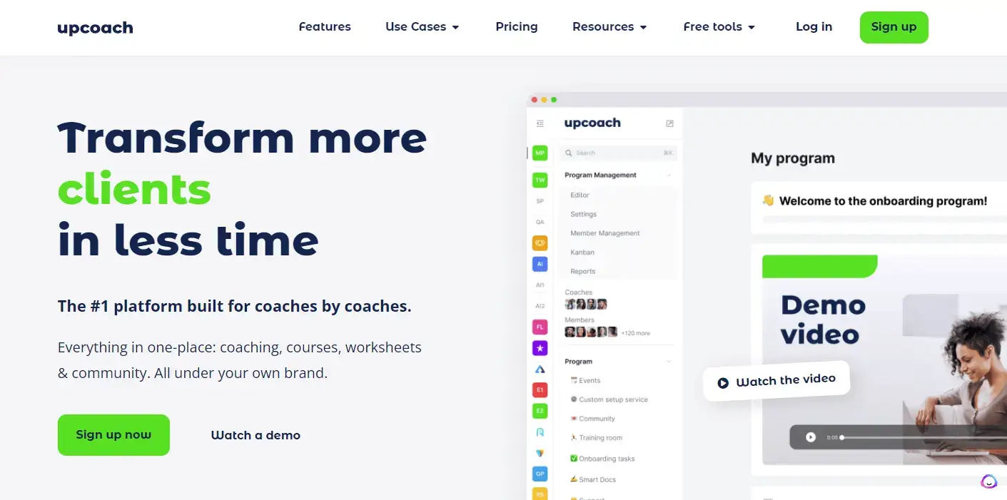 A screenshot showing part of Upcoach's home page.