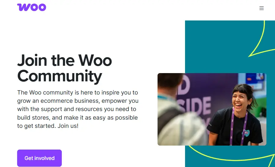 Woo Community's landing page with a smiling woman and a 'get involved' button.